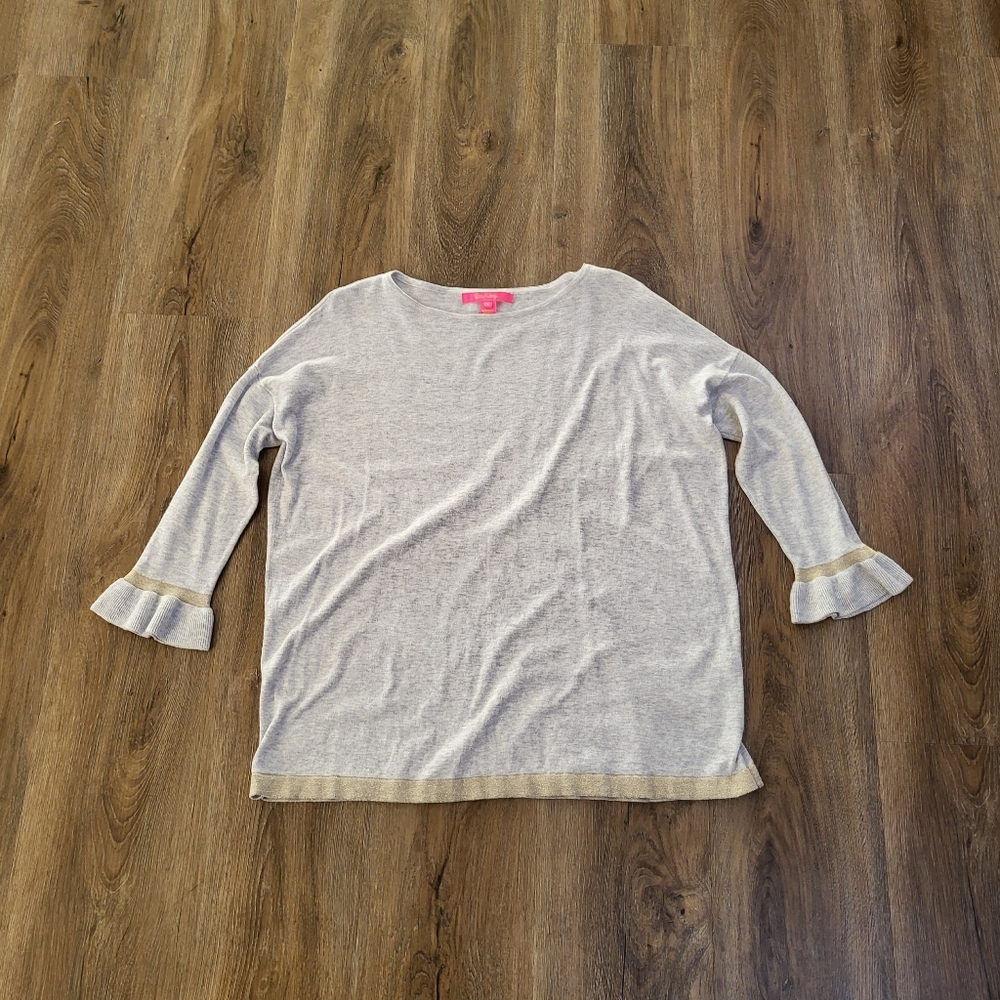 Lilly Pulitzer Womens Charla 3/4 Ruffle Sleeve Sweater Heather Gray Small Cotton
